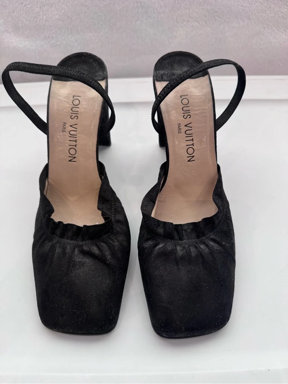 Louis Vuitton Black Suede Square Toe Slingback Heels